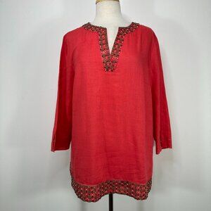 NWT Lafayette 148 Linen Red Top Beaded Blouse Popover Shirt Office Sz L Tunic